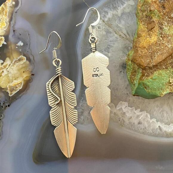 Chris Charley Native American Sterling Silver Feather Dangle Earrings For Women - Picture 7 of 10